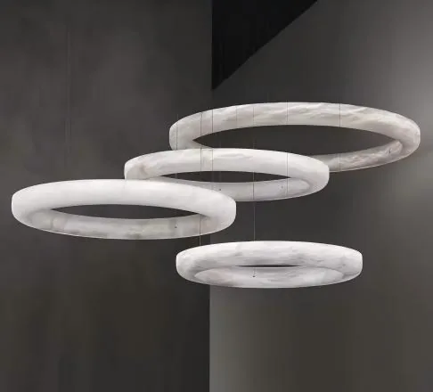 Modern Minimalist Natural Alabaster Round Ring Chandelier detail view 2