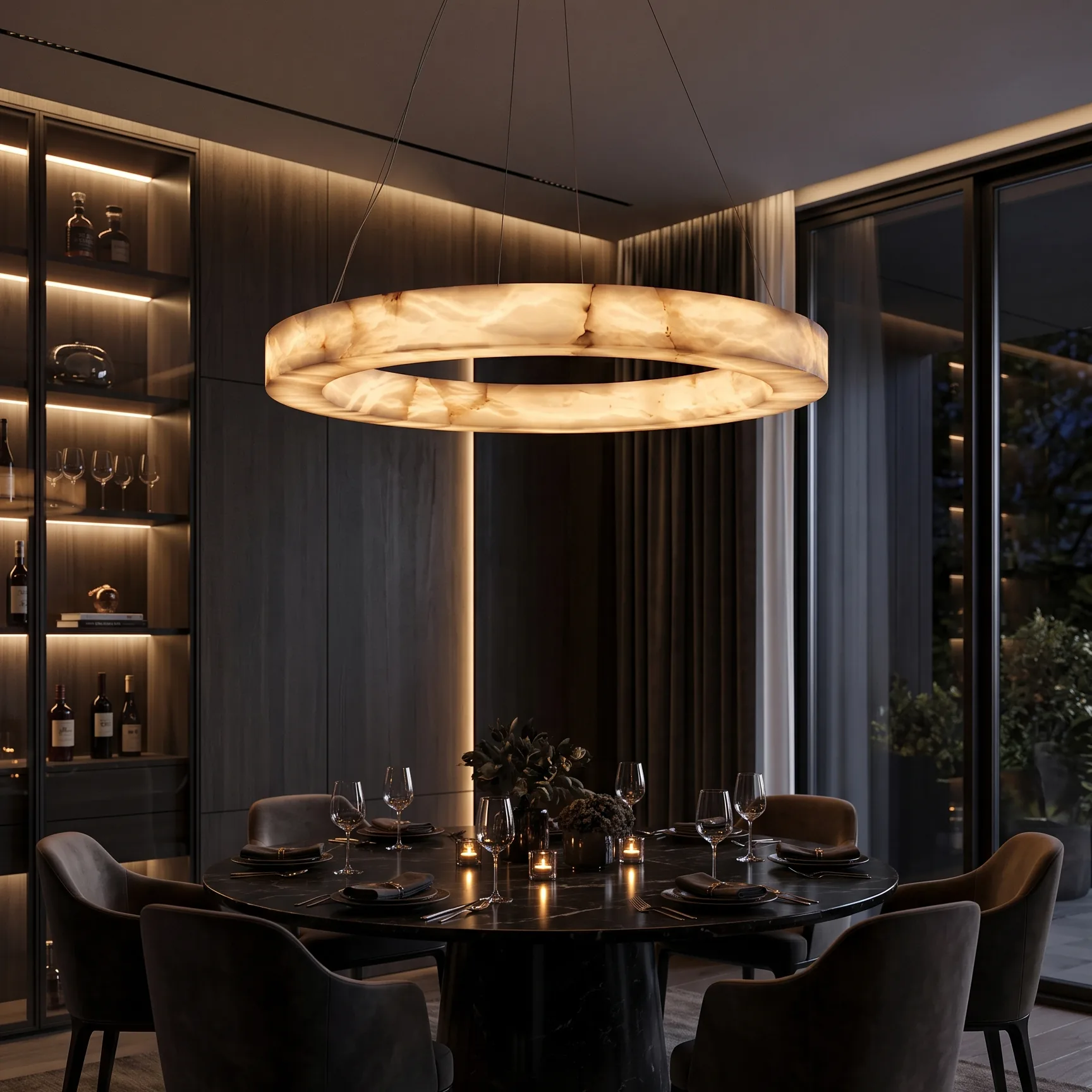 Modern Minimalist Natural Alabaster Round Ring Chandelier detail view 3