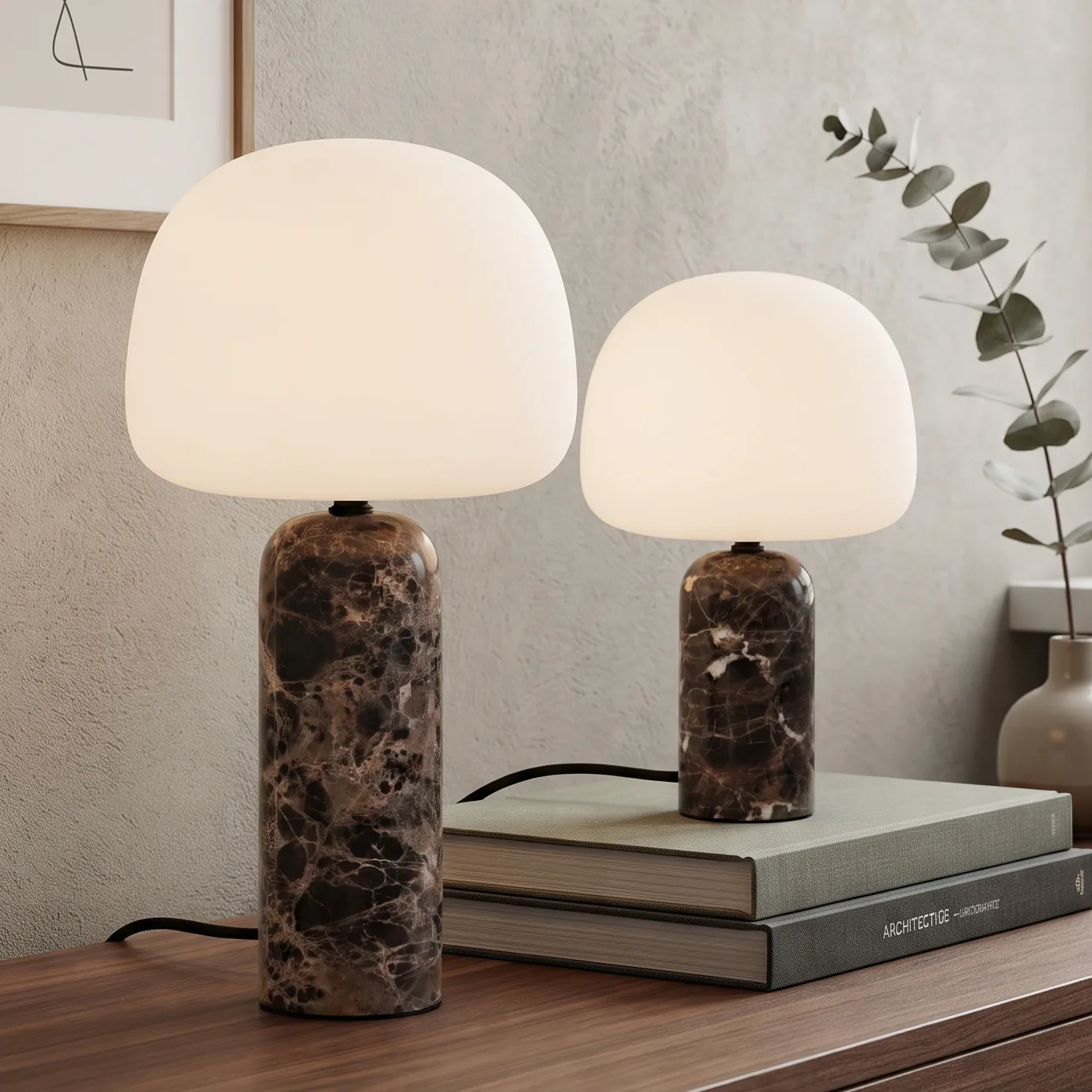 Modern Minimalist White de vidrio and Brown de mármol Mushroom Lámpara de mesa Collection