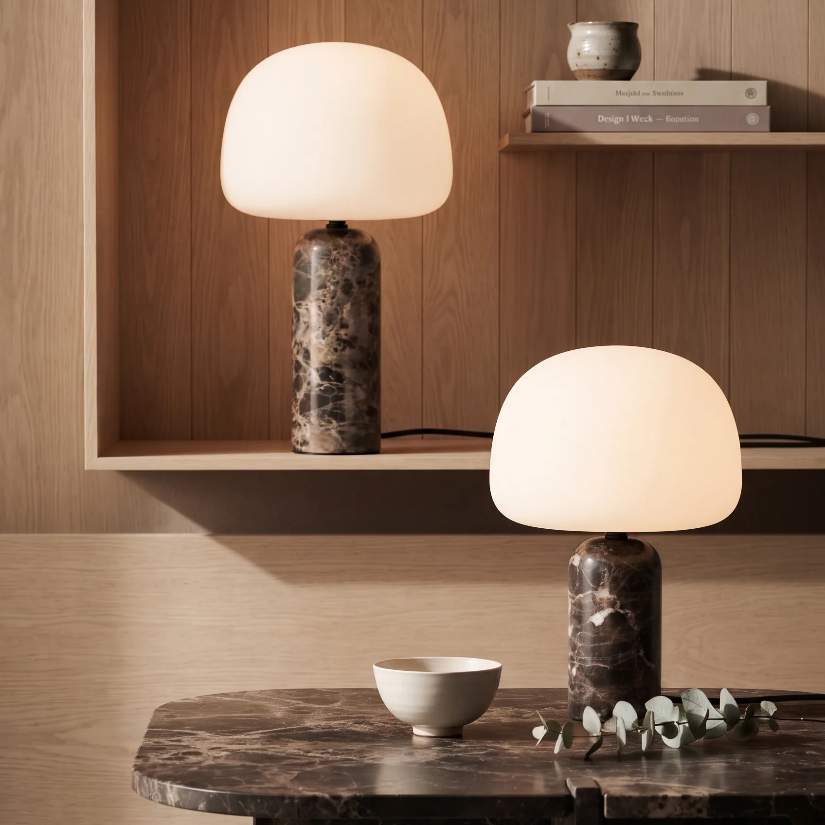 Modern Minimalist White de vidrio and Brown de mármol Mushroom Lámpara de mesa Collection detail view 2