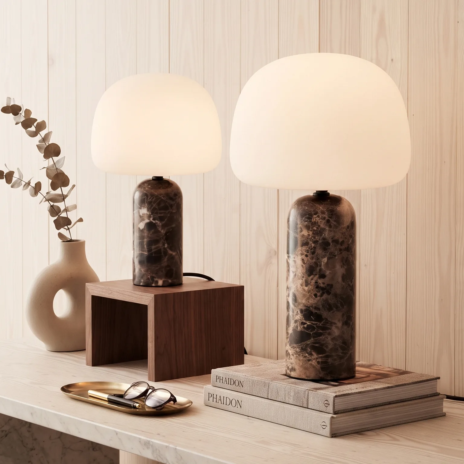 Modern Minimalist White de vidrio and Brown de mármol Mushroom Lámpara de mesa Collection detail view 3