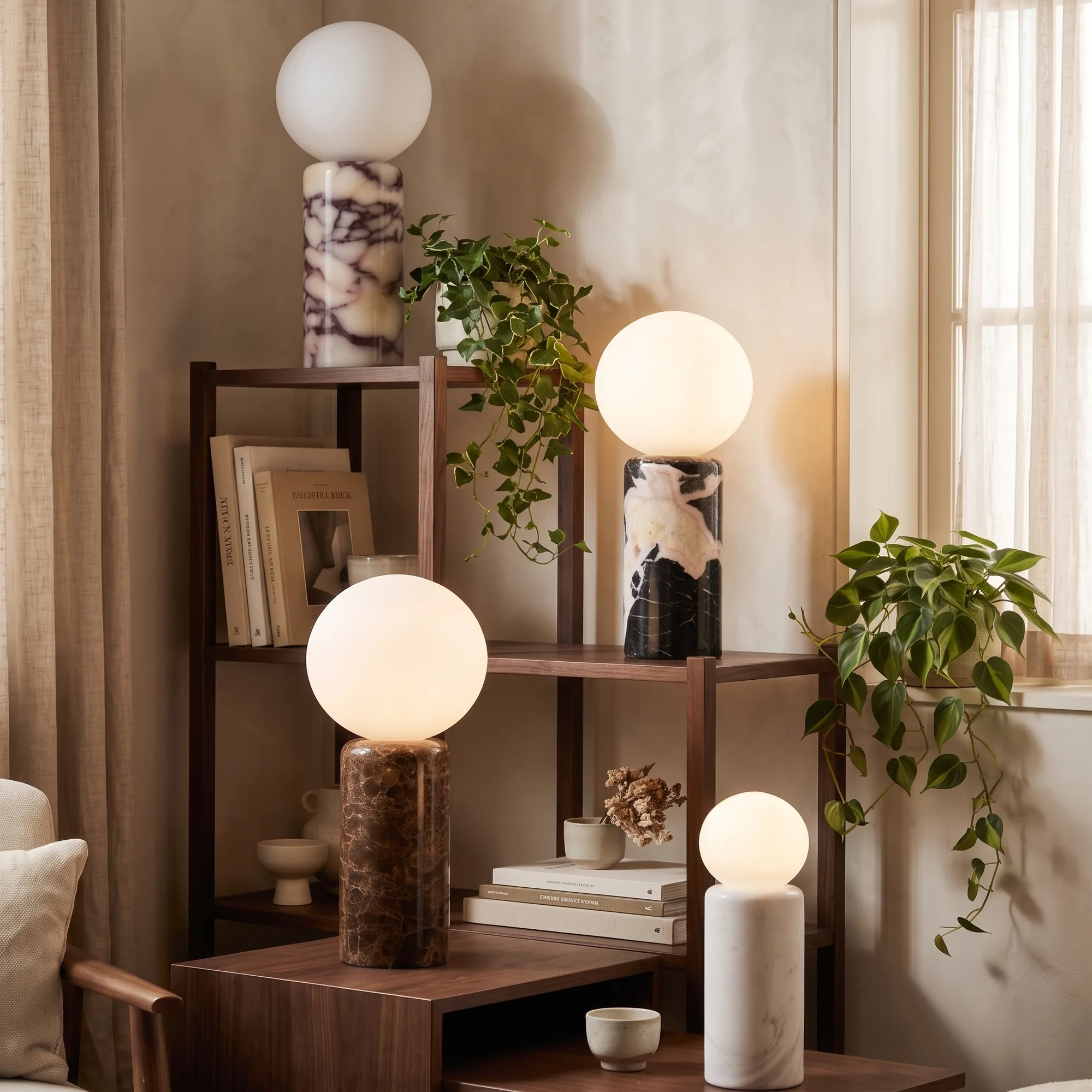 Modern Minimalist White Glass Globe and Cylindrical Marble Table Lamp Collection
