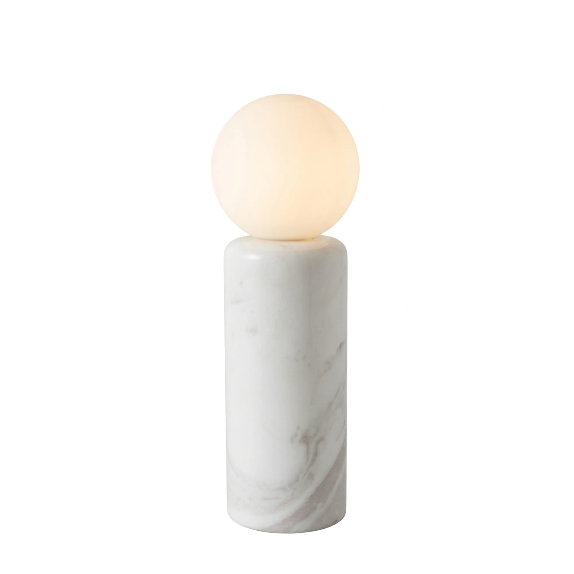 Modern Minimalist White Glass Globe and Cylindrical Marble Table Lamp Collection detail view 3