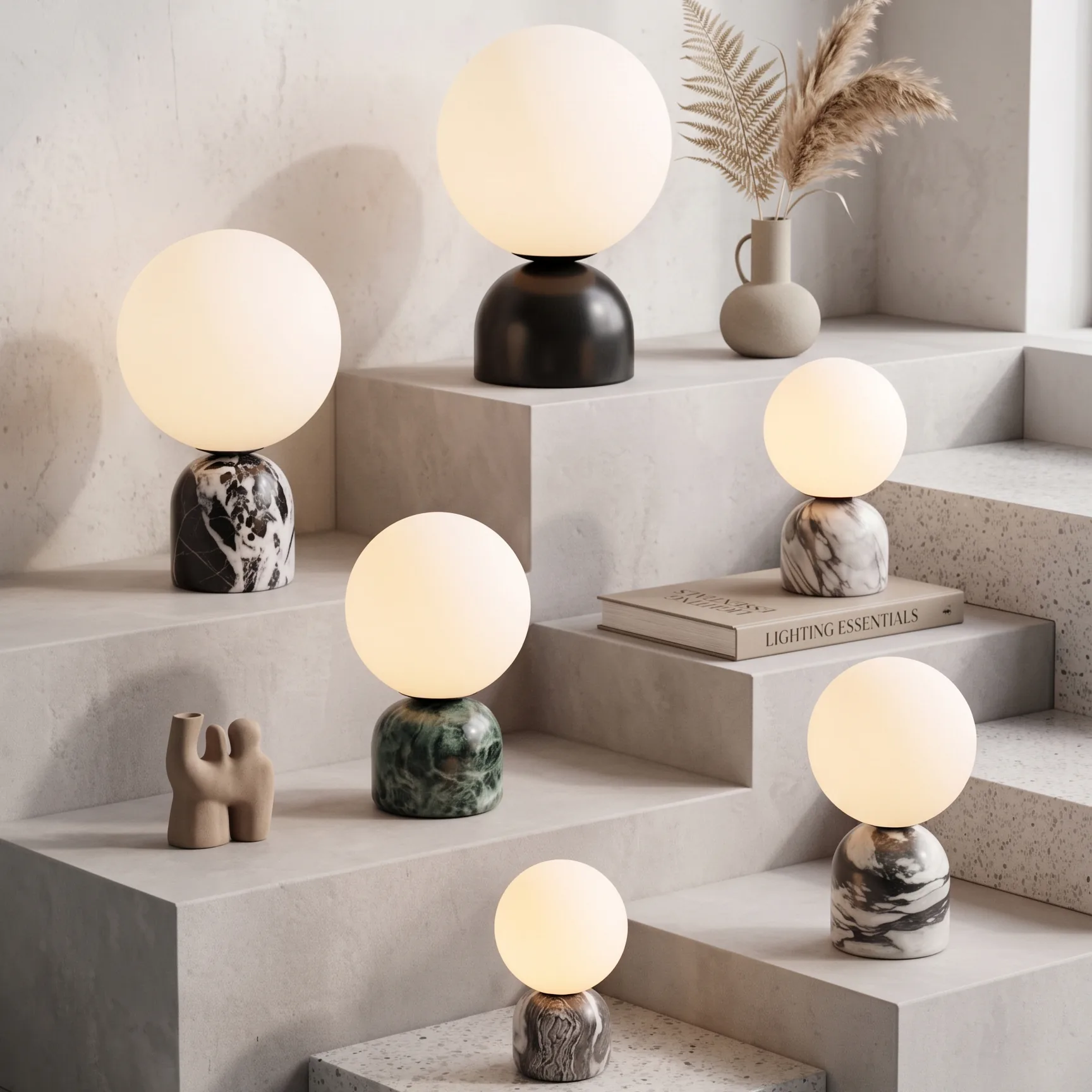 Modern Minimalist White Glass Globe and Multi-Textured Marble Base Table Lamp Collection