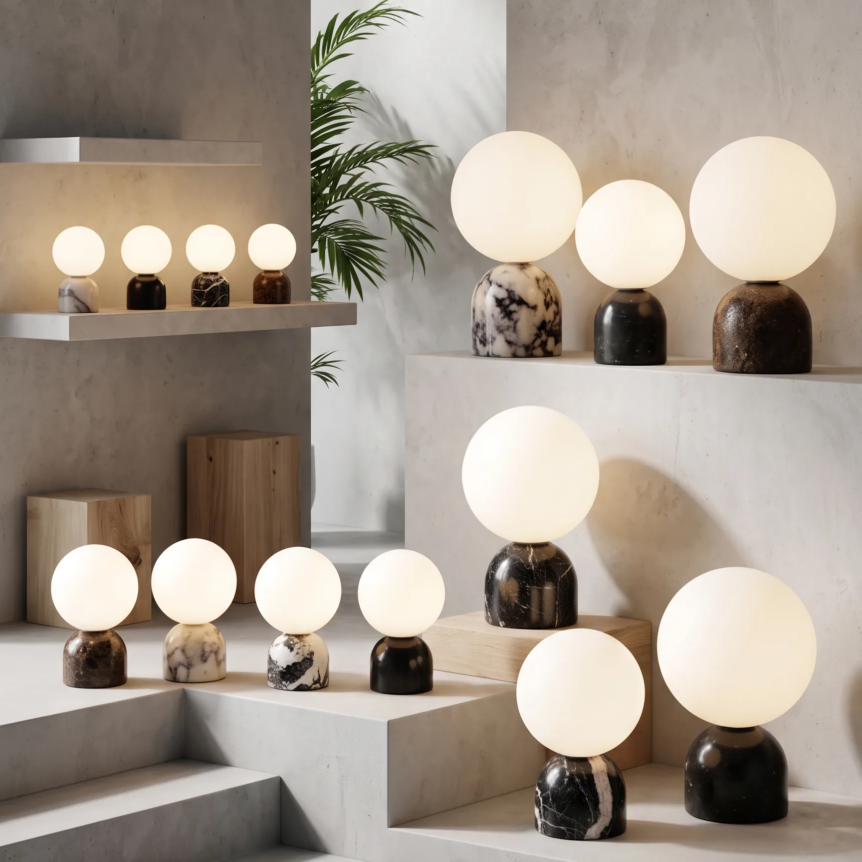Modern Minimalist White Glass Globe and Multi-Textured Marble Base Table Lamp Collection detail view 1