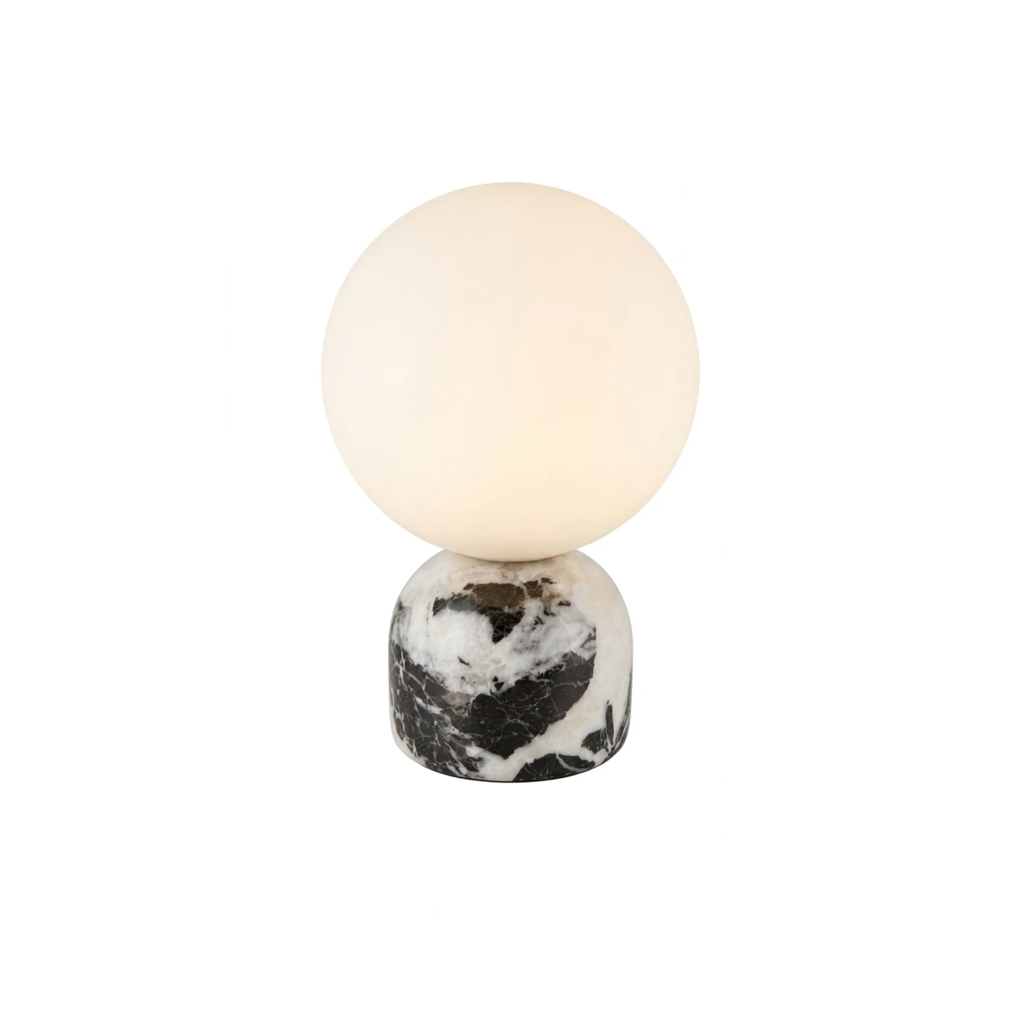 Modern Minimalist White Glass Globe and Multi-Textured Marble Base Table Lamp Collection detail view 6