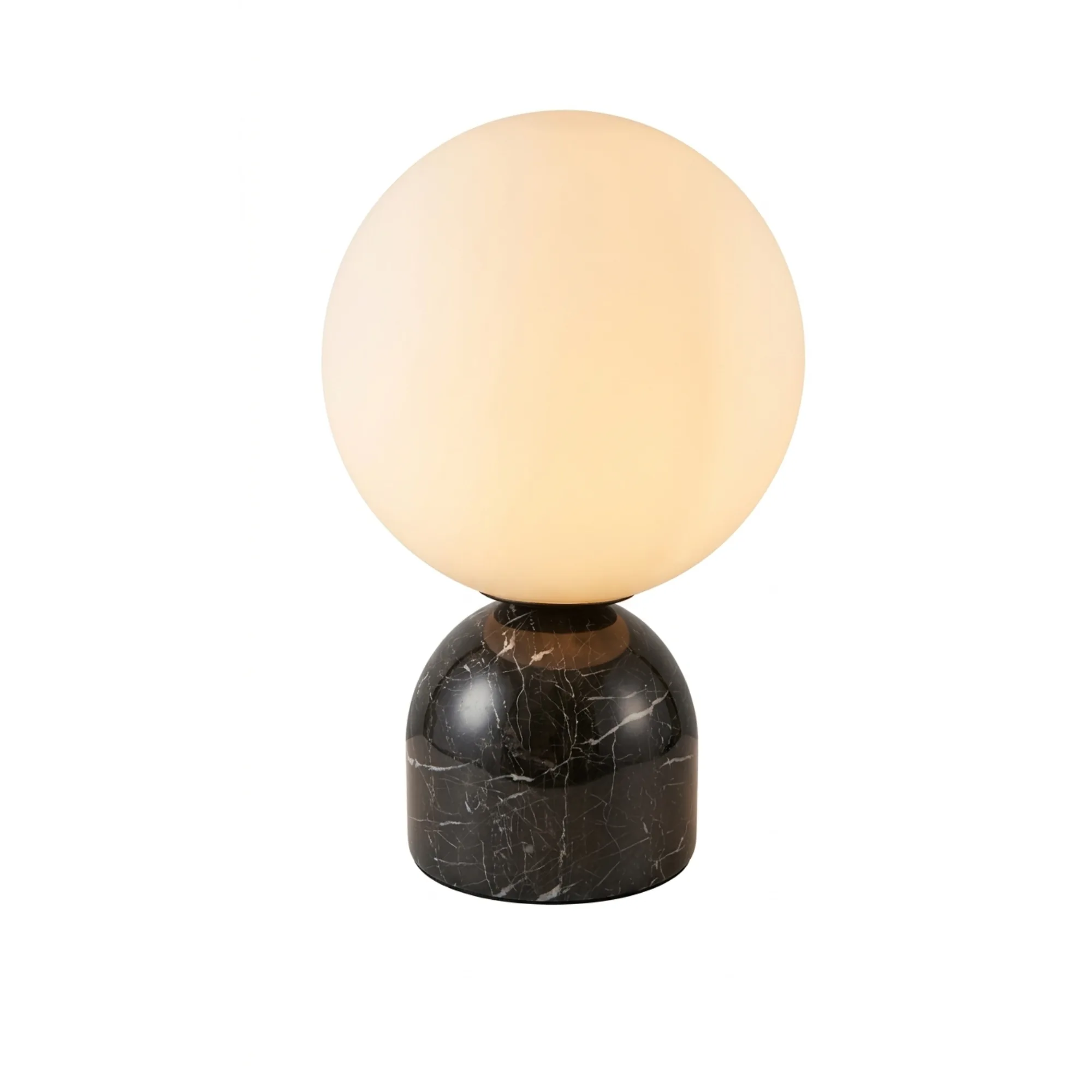 Modern Minimalist White Glass Globe and Multi-Textured Marble Base Table Lamp Collection detail view 9