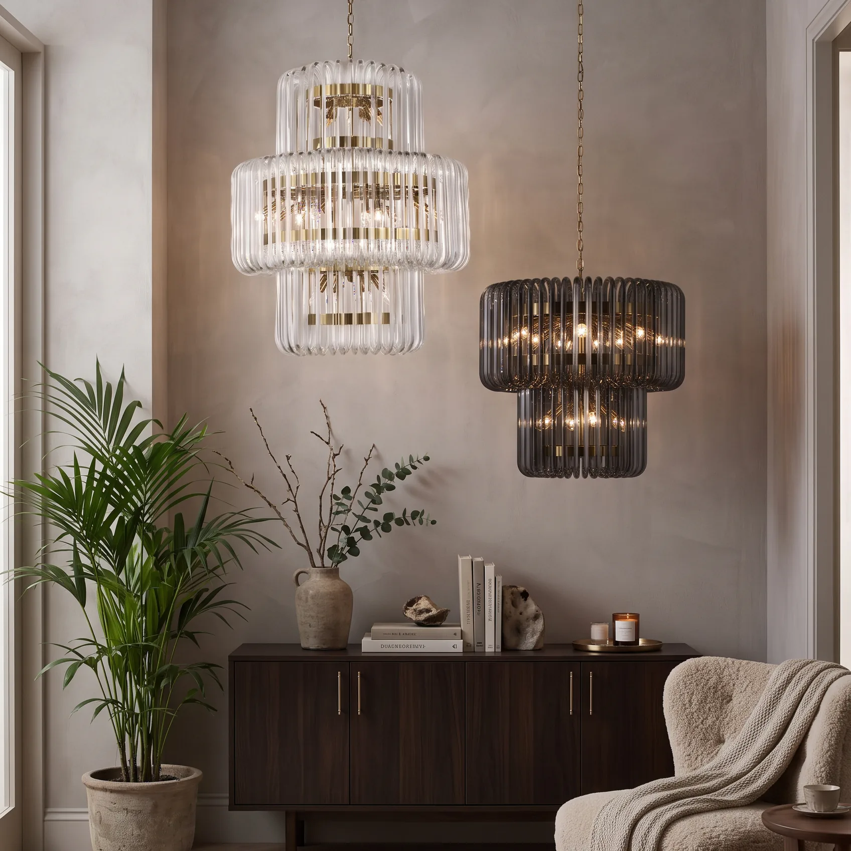 Multi-Tiered Cylindrical Glass Rod Chandelier detail view 2