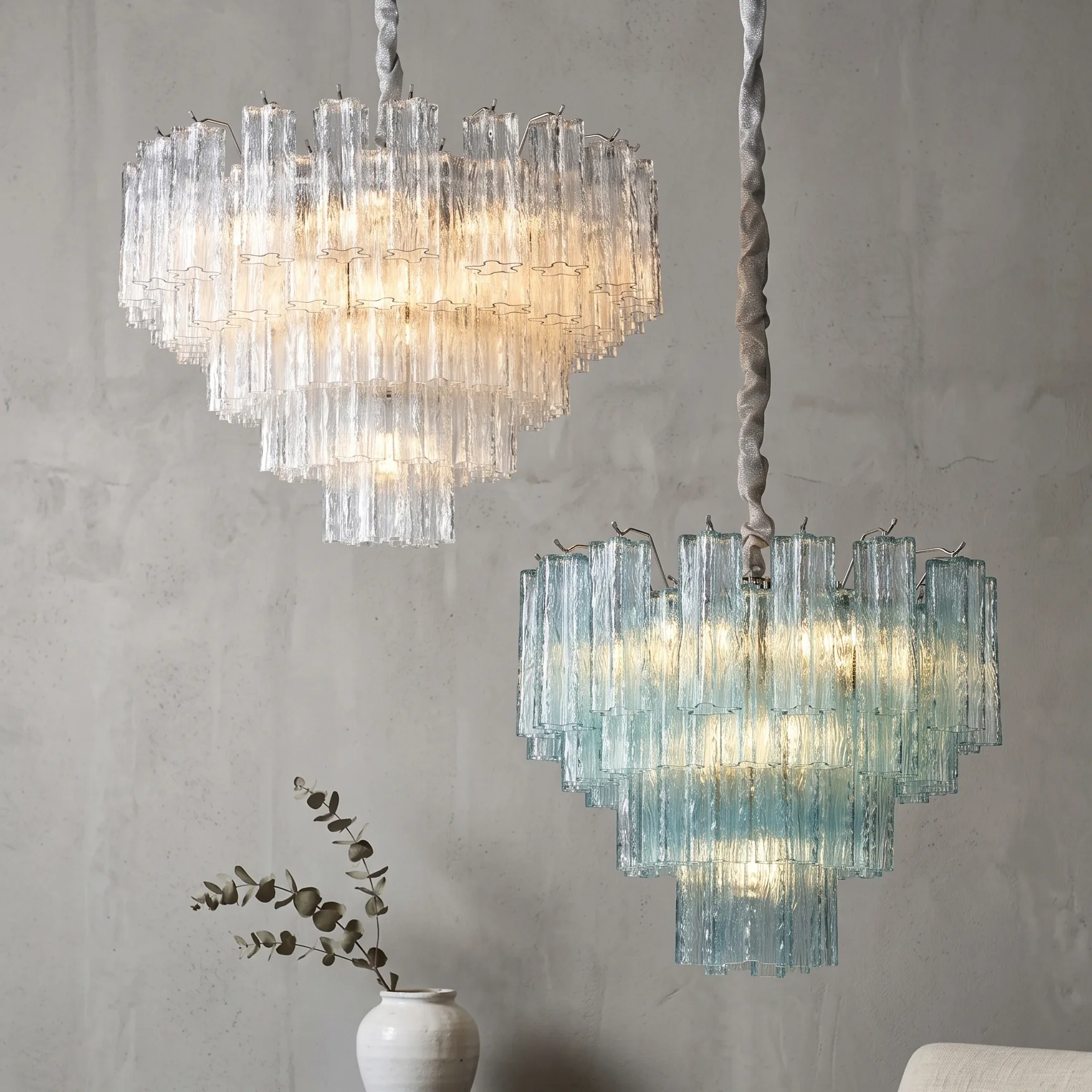 Multi-Tiered Ribbed Glass Chandelier (Clear, Blue & Pink)