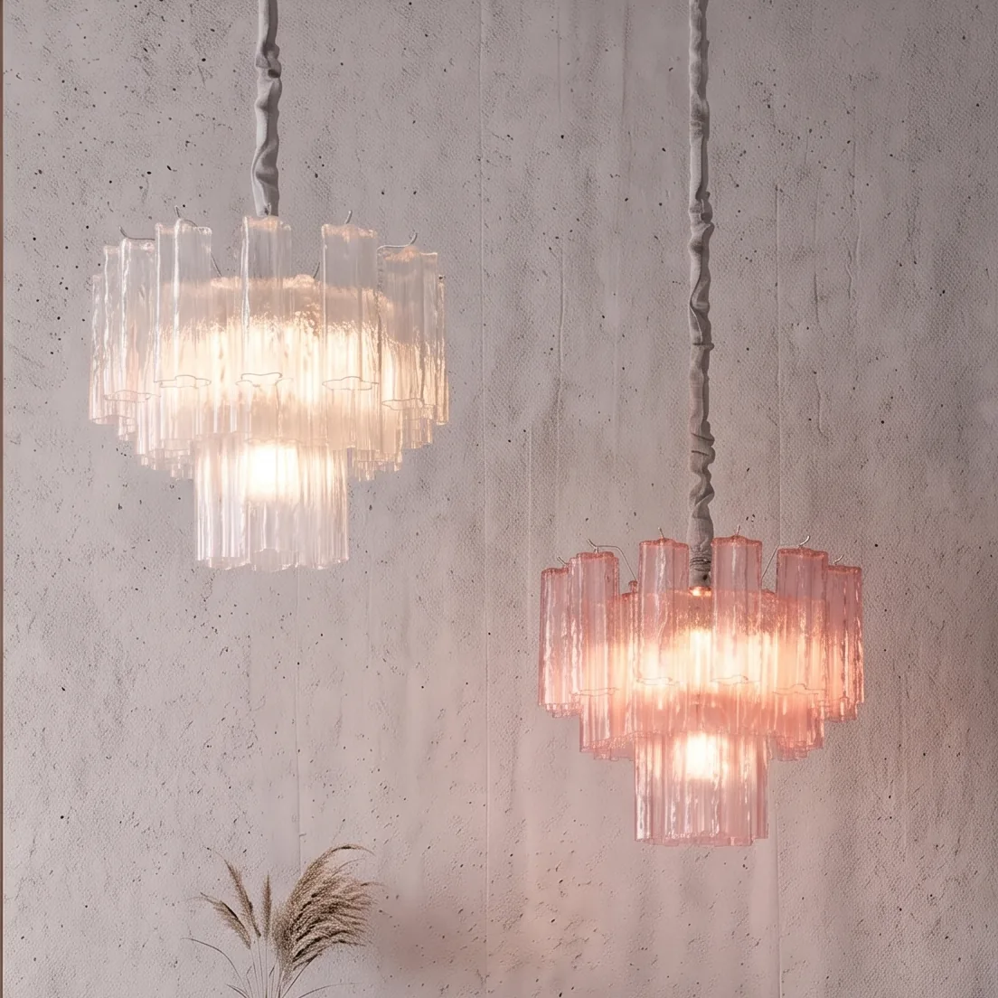 Multi-Tiered Ribbed Glass Chandelier (Clear, Blue & Pink) detail view 1
