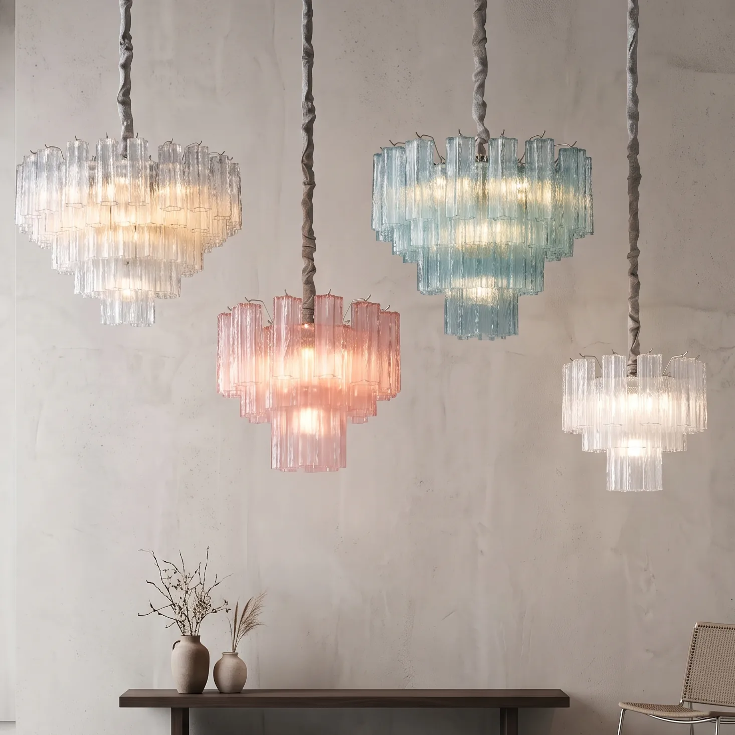 Multi-Tiered Ribbed Glass Chandelier (Clear, Blue & Pink) detail view 2