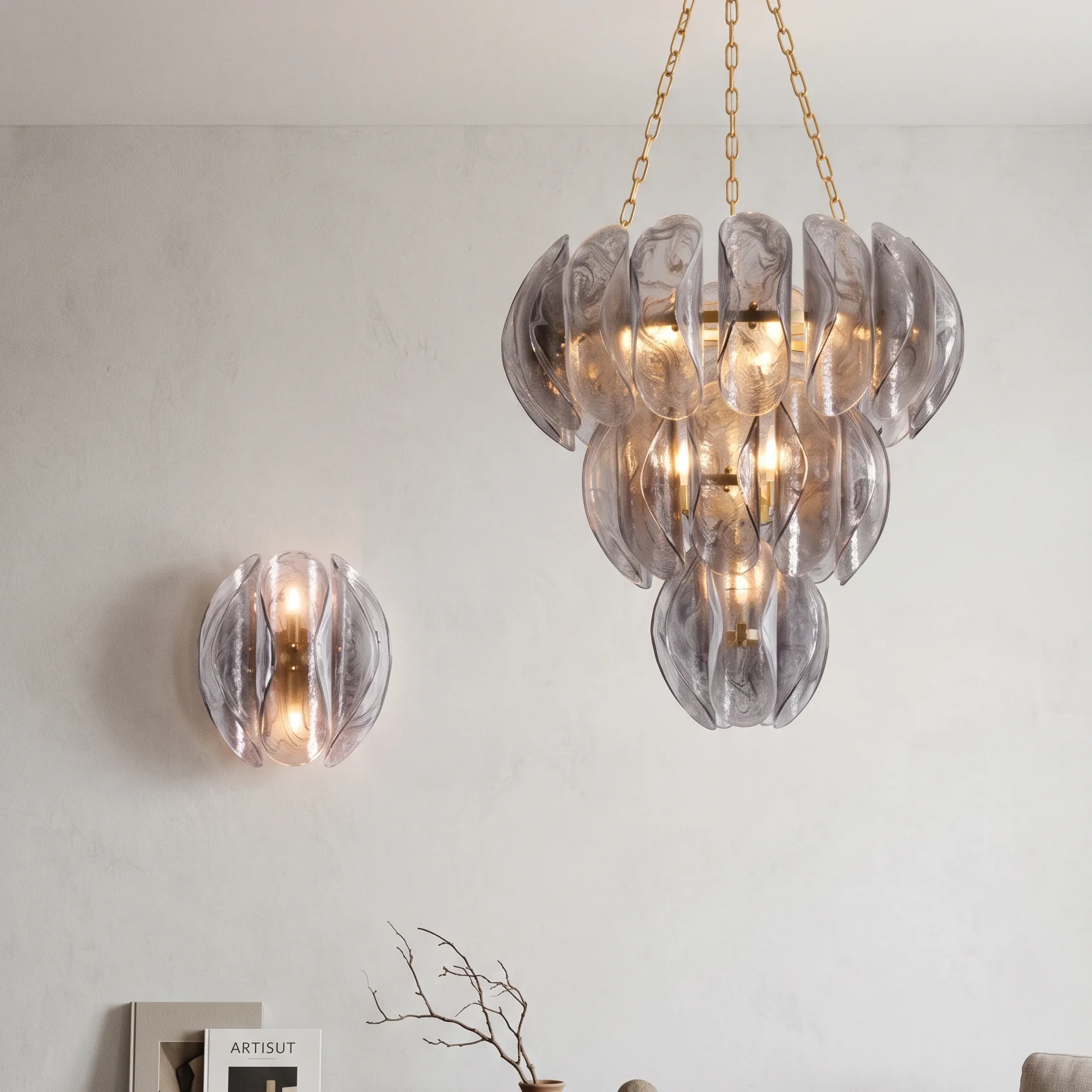 Multi-Tiered Slit Petal Glass Chandelier (Smoked Grey)