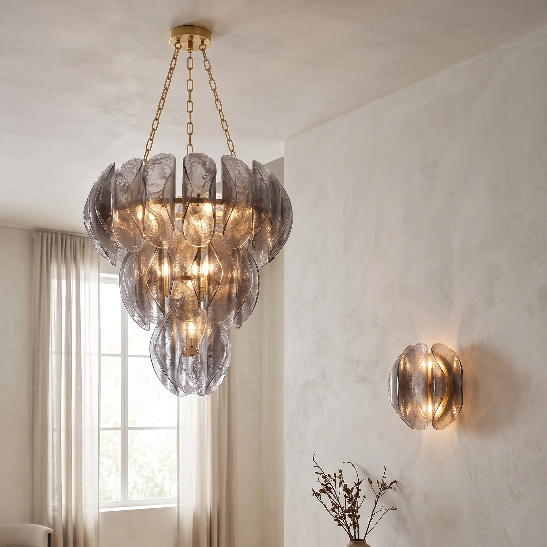 Multi-Tiered Slit Petal Glass Chandelier (Smoked Grey) detail view 1