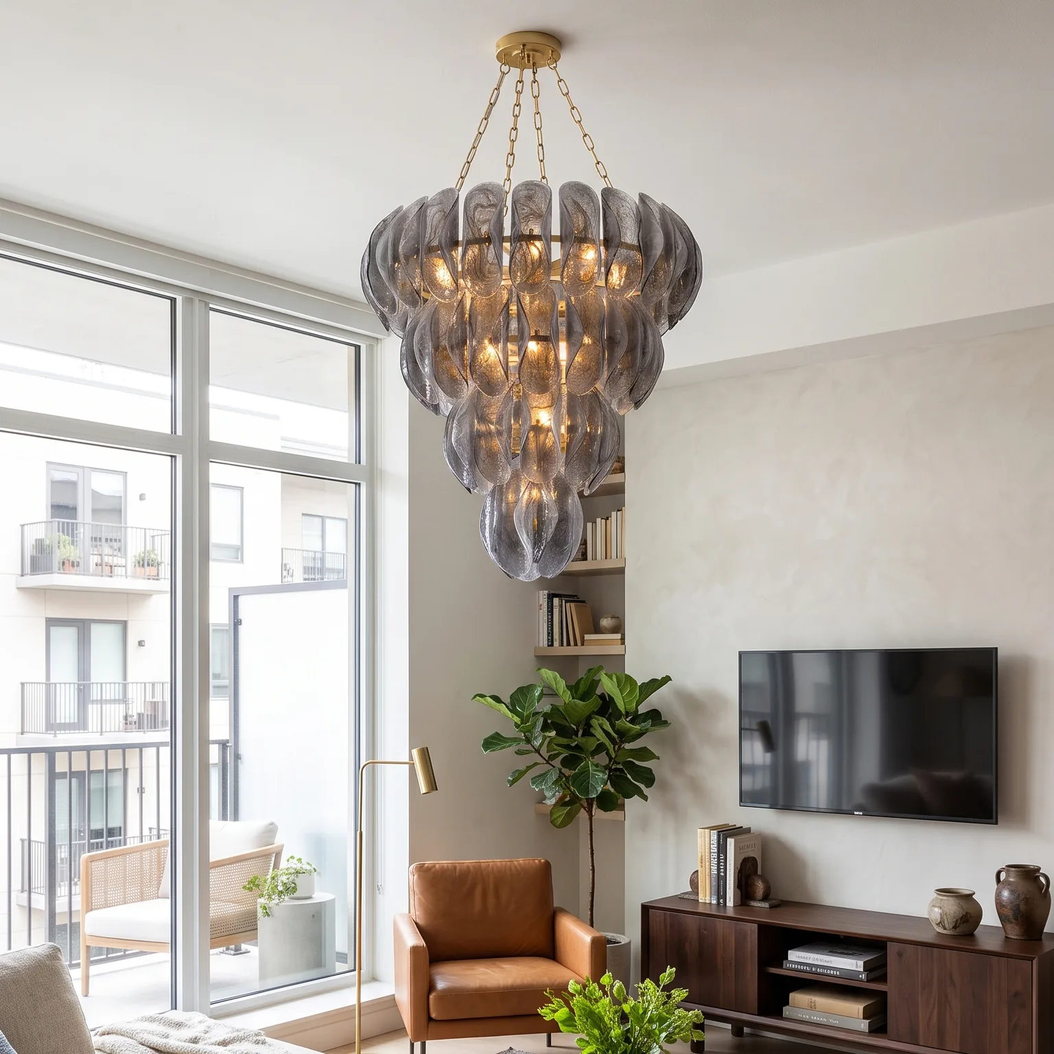 Multi-Tiered Slit Petal Glass Chandelier (Smoked Grey) detail view 2