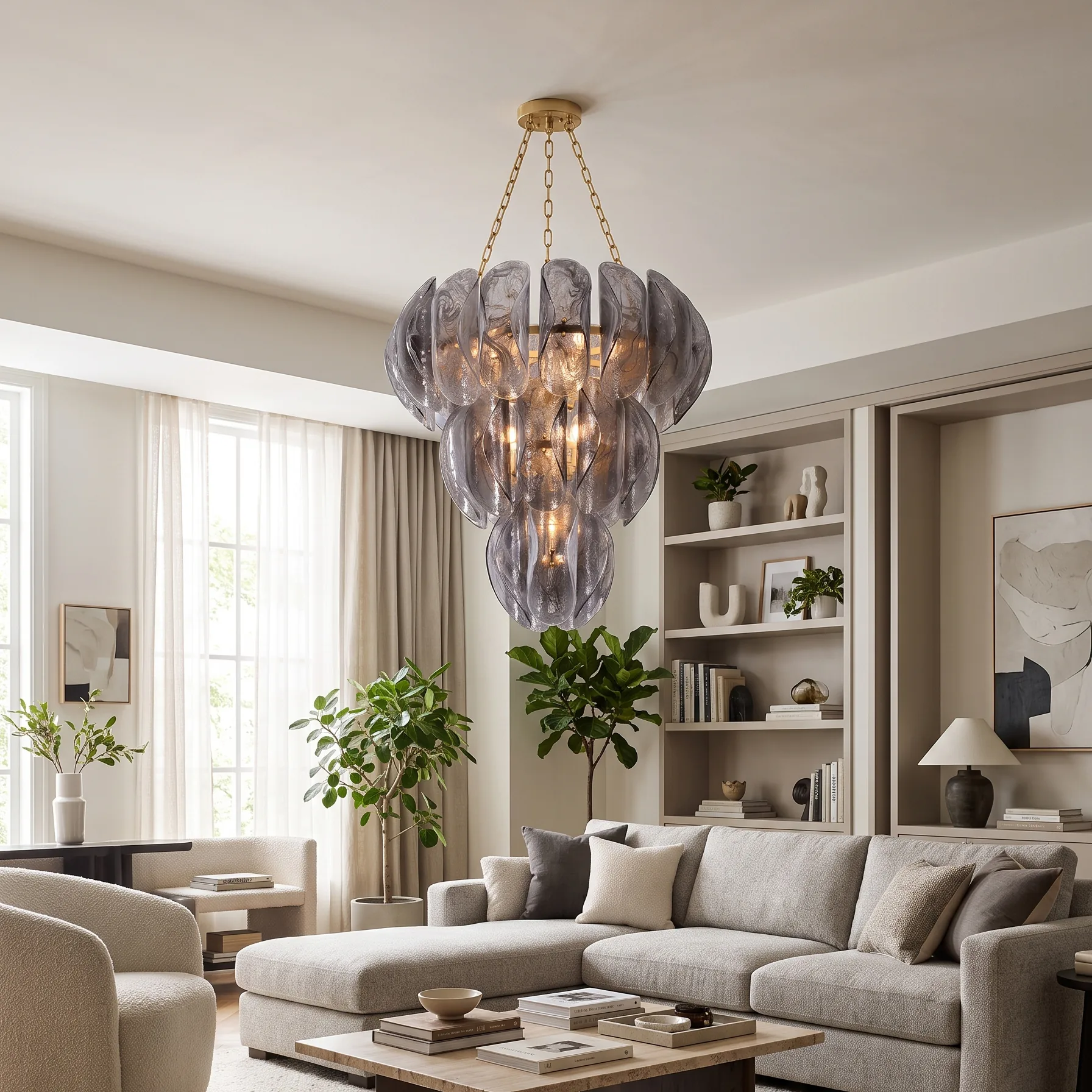 Multi-Tiered Slit Petal Glass Chandelier (Smoked Grey) detail view 3