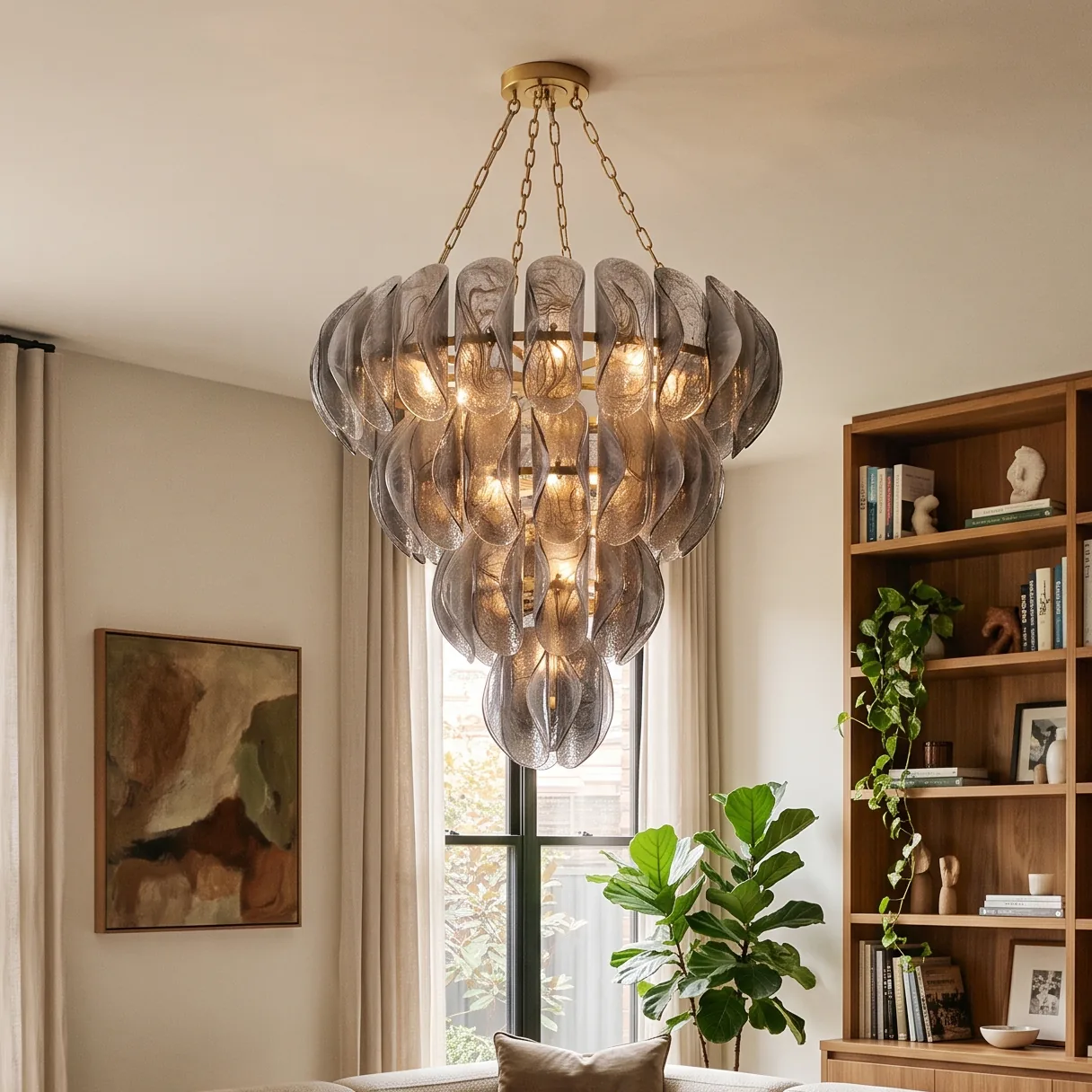 Multi-Tiered Slit Petal Glass Chandelier (Smoked Grey) detail view 4