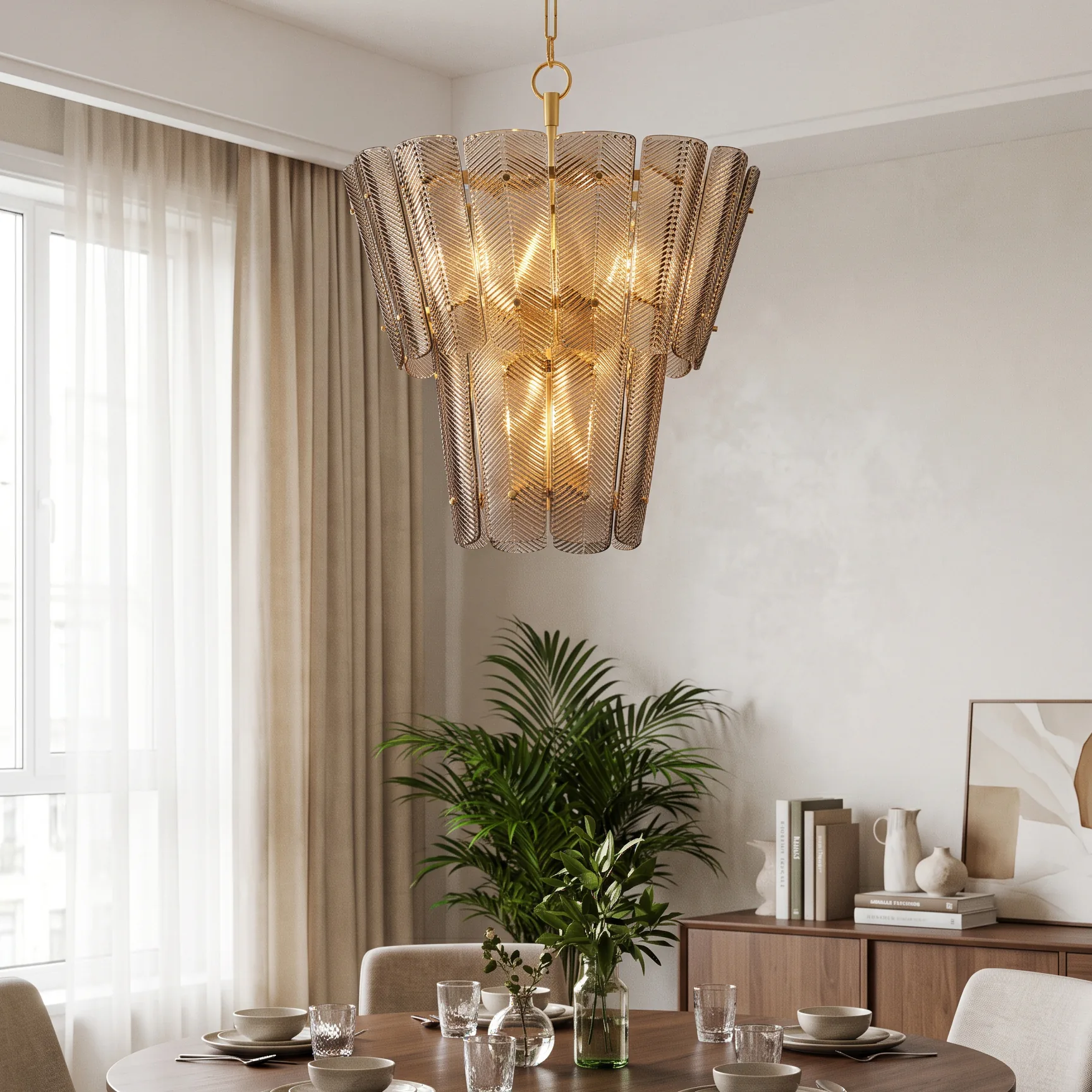 Multi-Tiered Textured Amber Glass Chandelier detail view 1