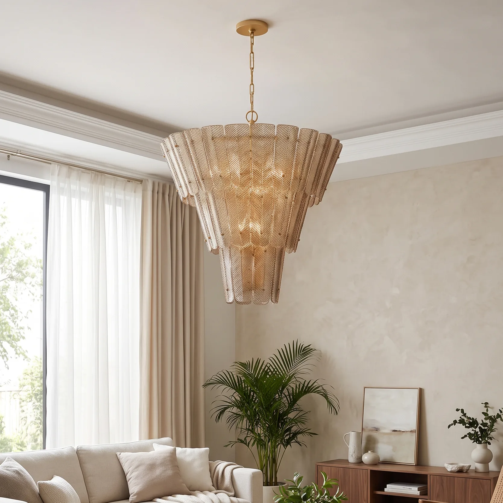 Multi-Tiered Textured Amber Glass Chandelier detail view 2