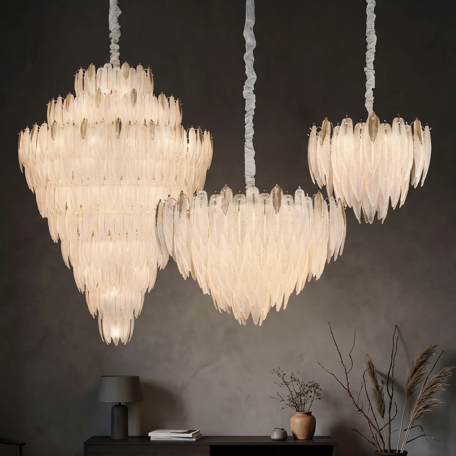 Multi-Tiered Textured Feather Glass Chandelier