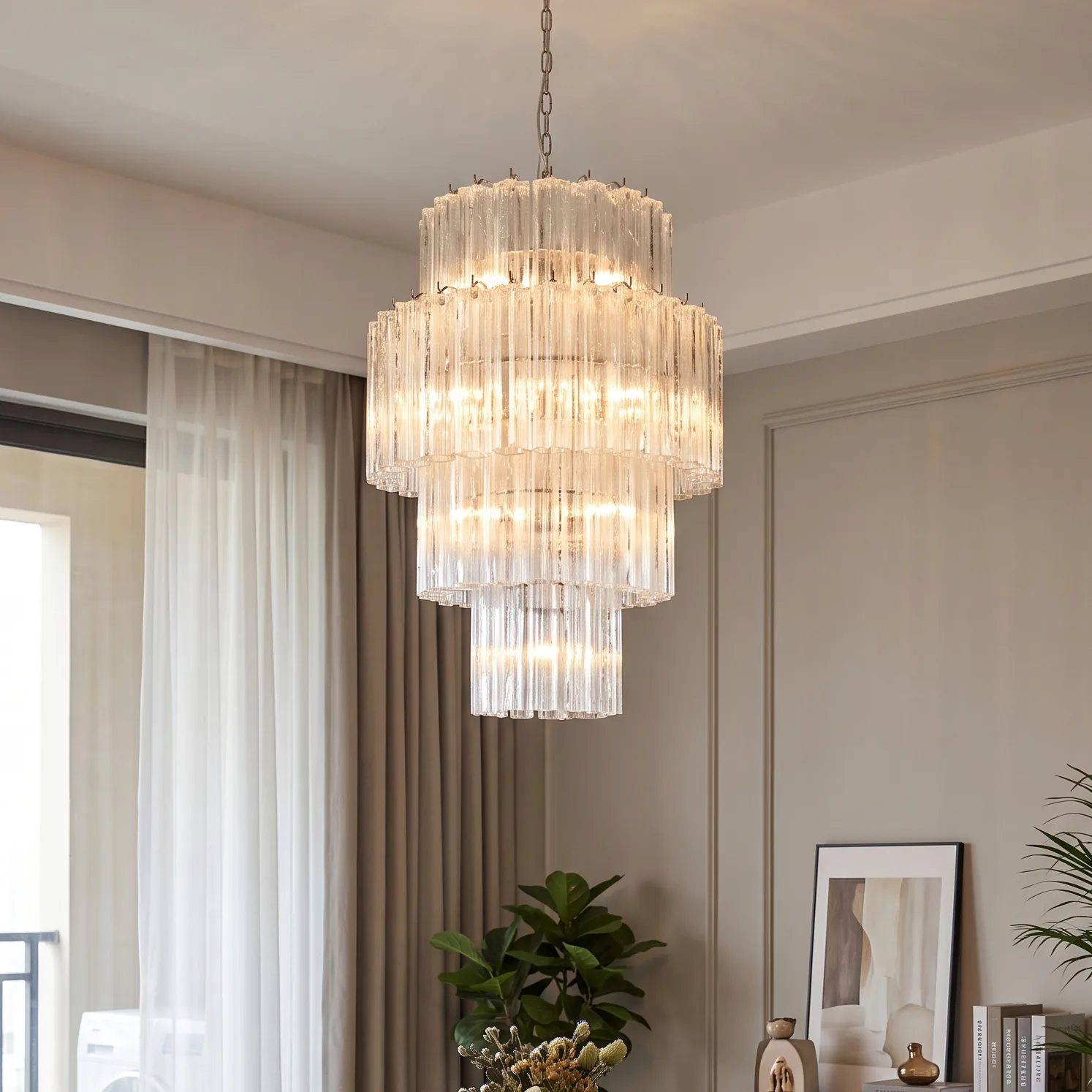 Multi-Tiered Vertical Textured Glass Chandelier (Clear) detail view 2