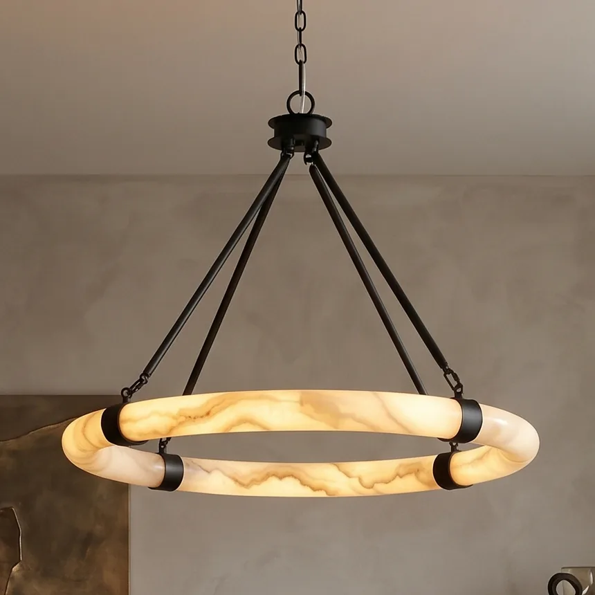 Natural Alabaster Round Ring Chandelier with Suspension Chain