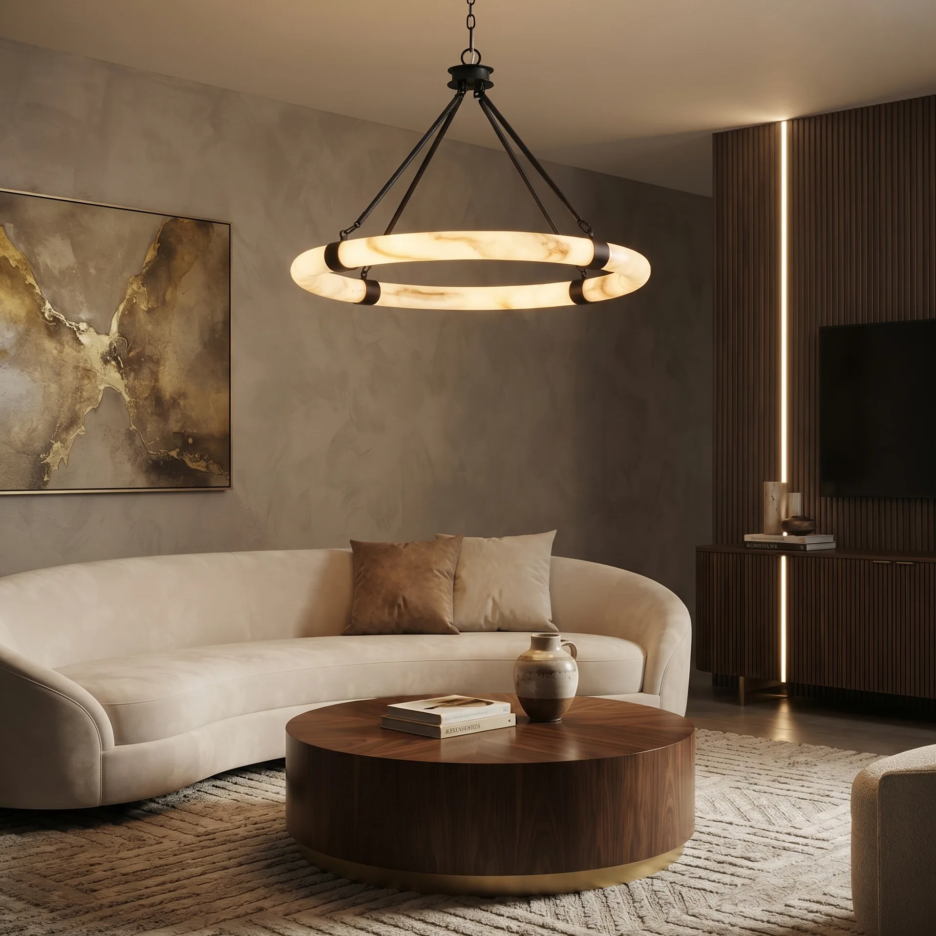 Natural Alabaster Round Ring Chandelier with Suspension Chain detail view 1