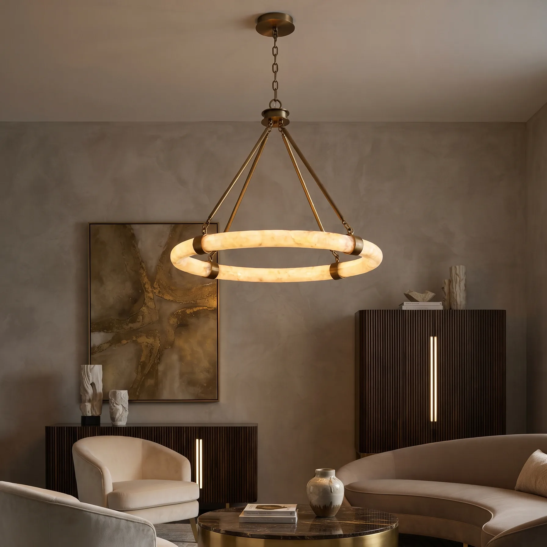 Natural Alabaster Round Ring Chandelier with Suspension Chain detail view 2