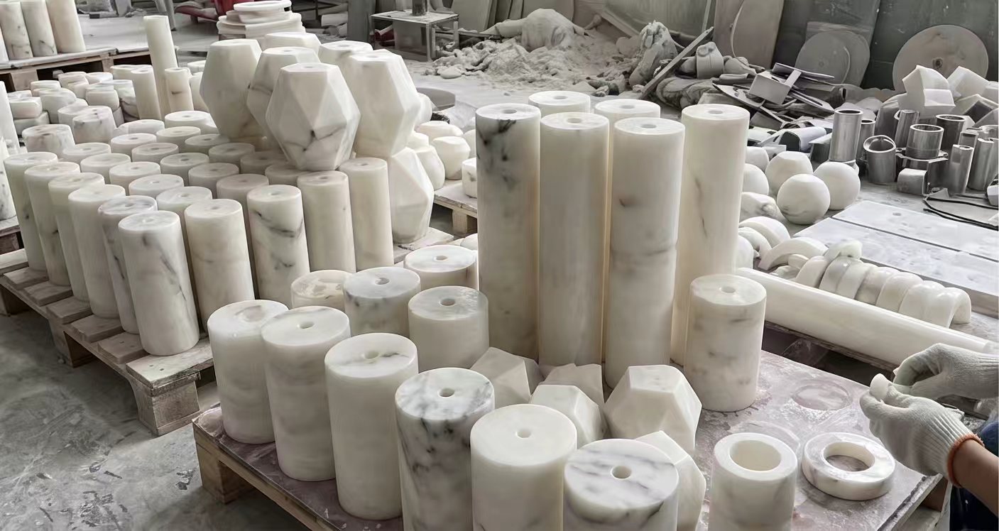 Alabaster forms and cylinders prepared in the workshop