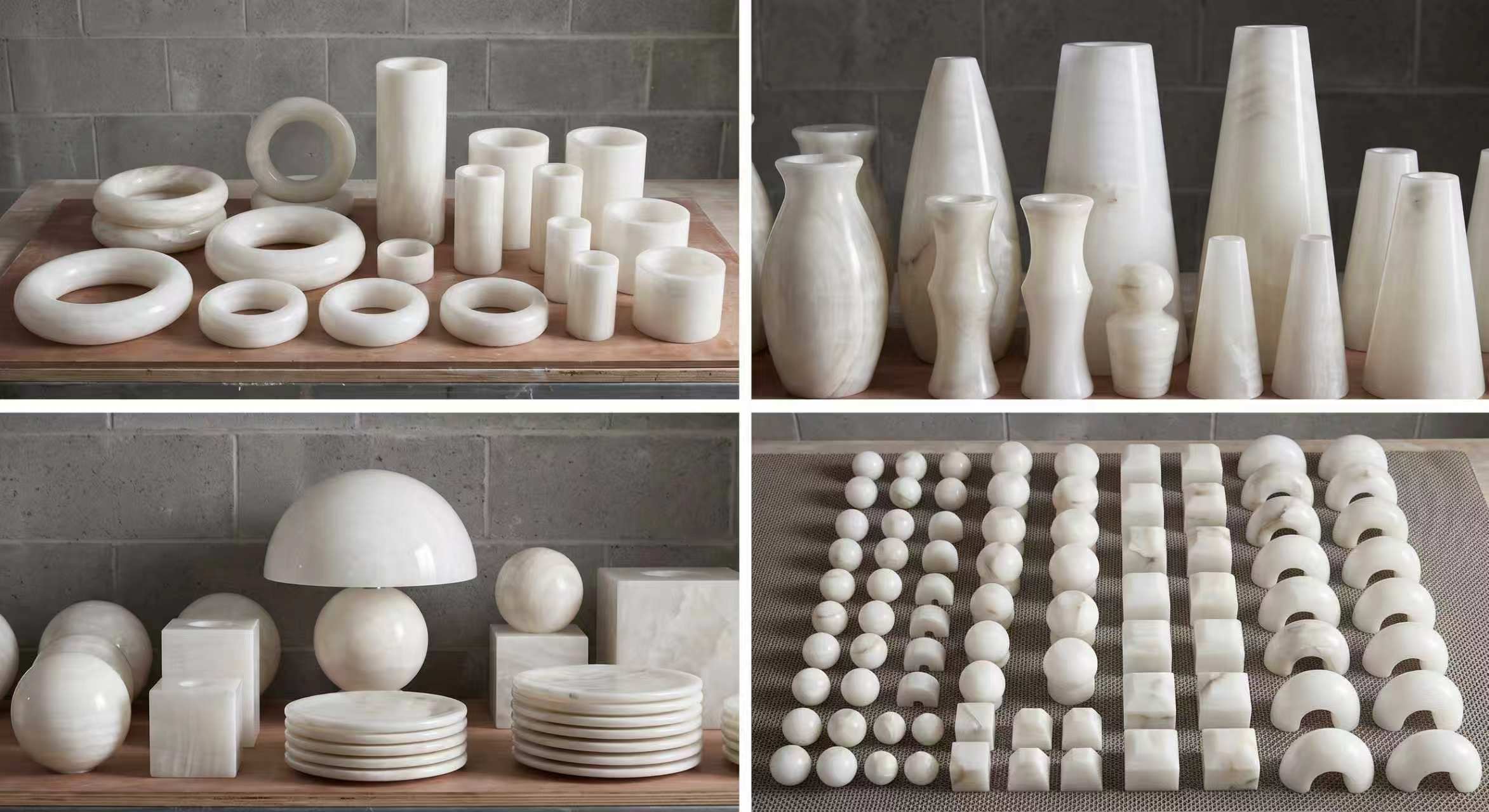 Alabaster rings, vases, spheres and other finished forms