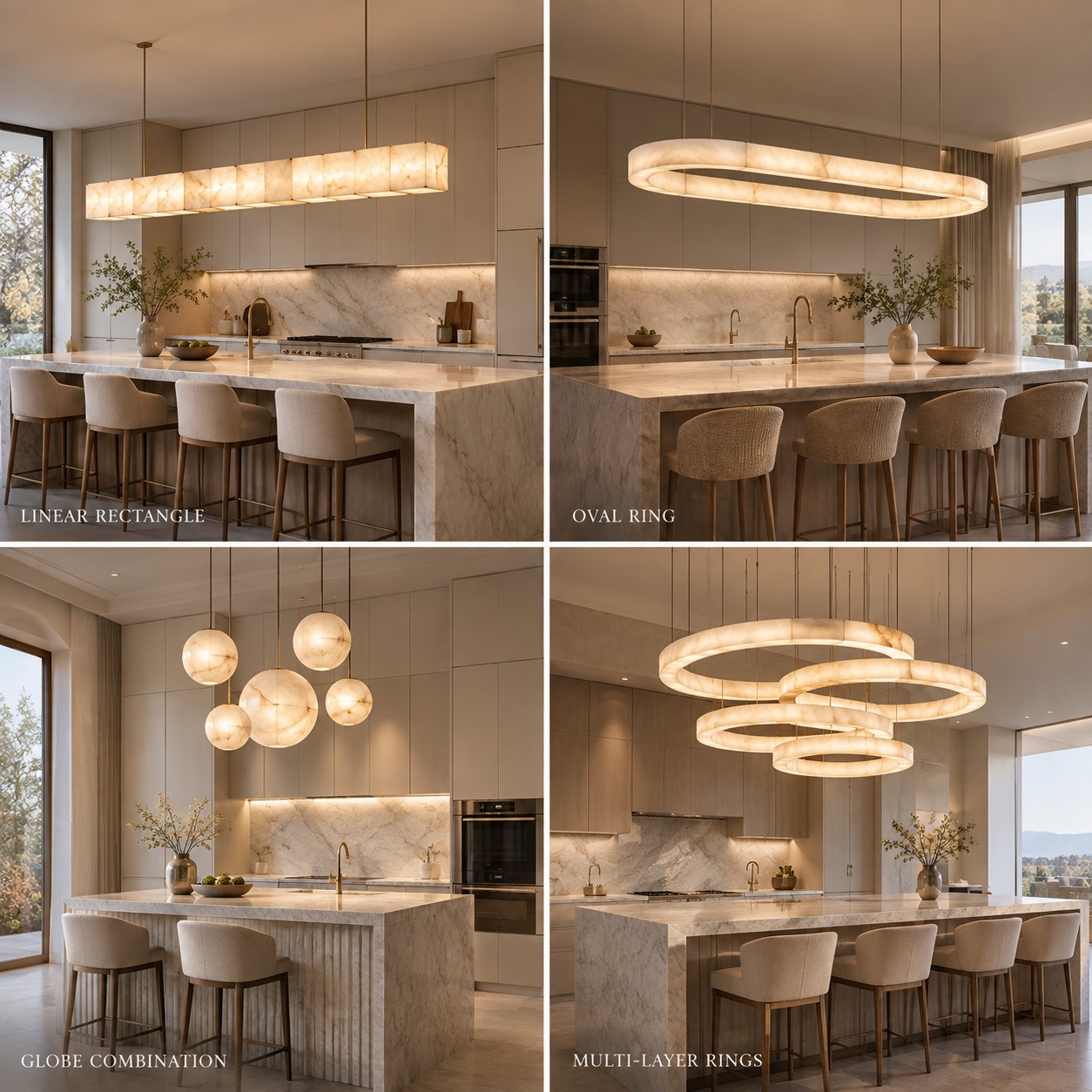 Comparison of linear, oval, globe and multi-tier alabaster pendant lights over kitchen islands
