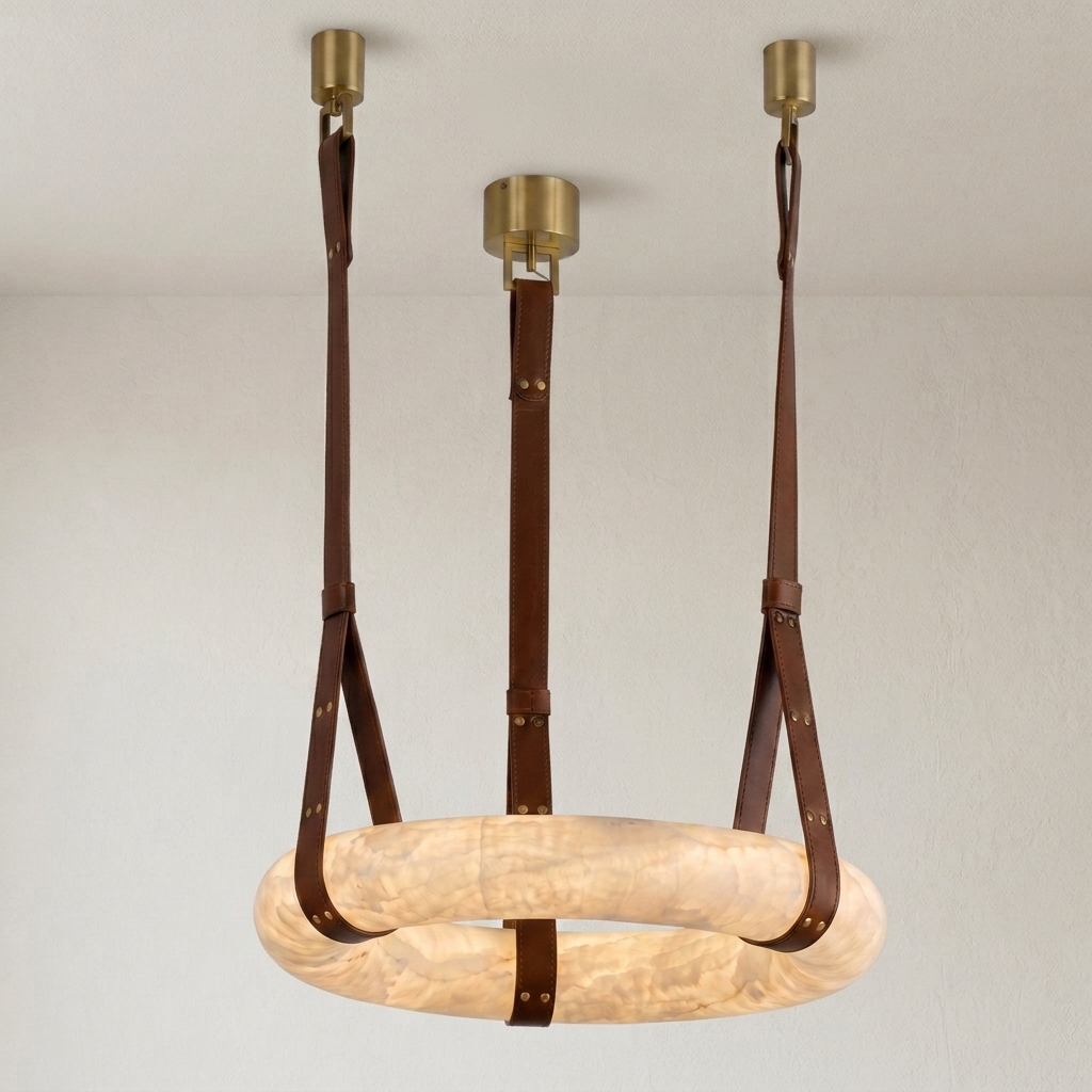Illuminated alabaster ring pendant light with leather and brass details