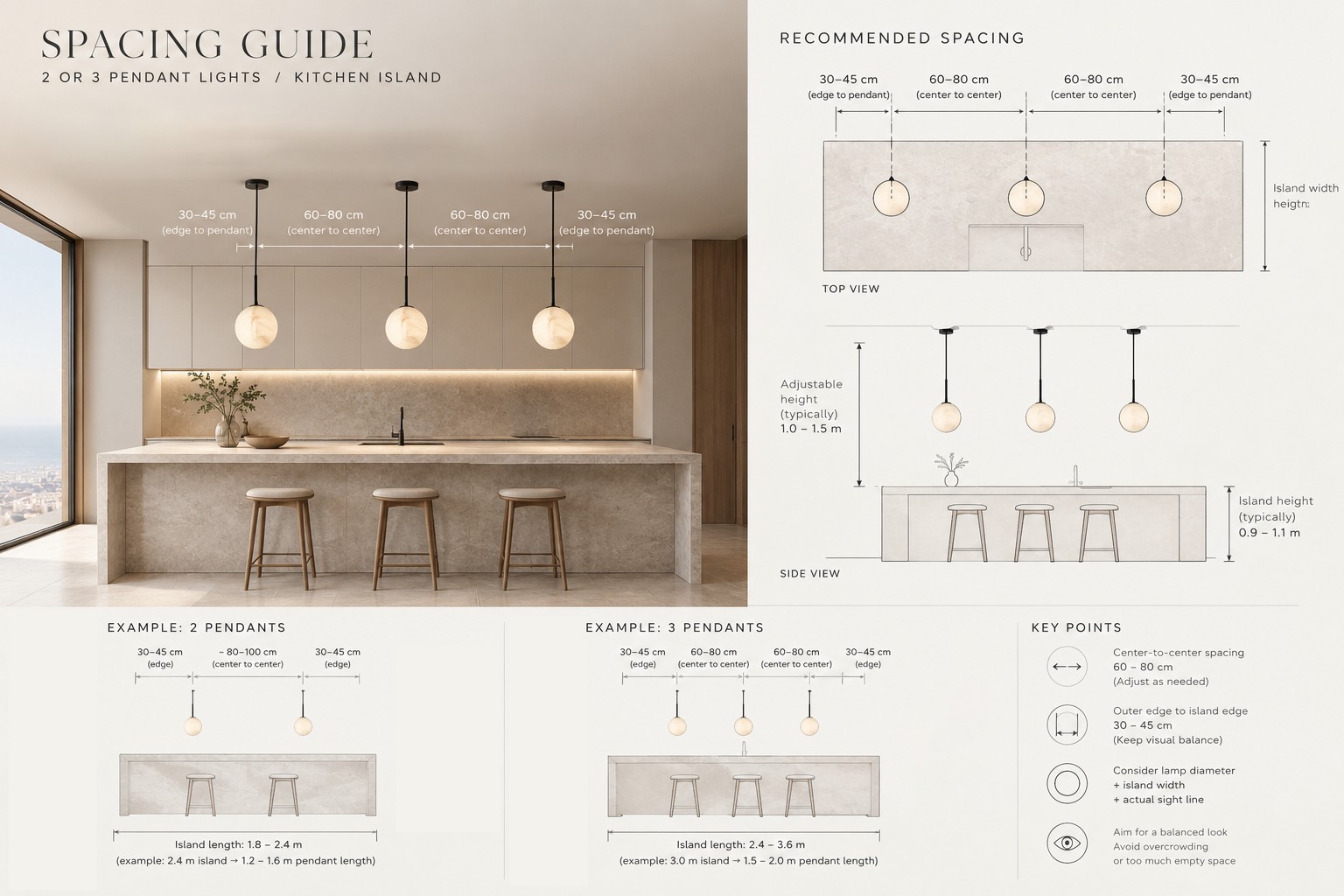 Spacing guide for two or three pendant lights over a kitchen island
