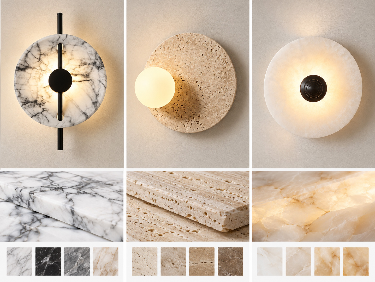 Side-by-side comparison of marble, travertine and alabaster lighting with matching stone samples.